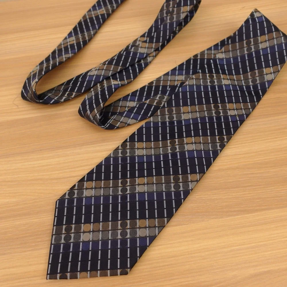 Navy Blue Silk Tie Mens Grid Plaid Dotted Classic Formal Office GEOFFREY BEENE